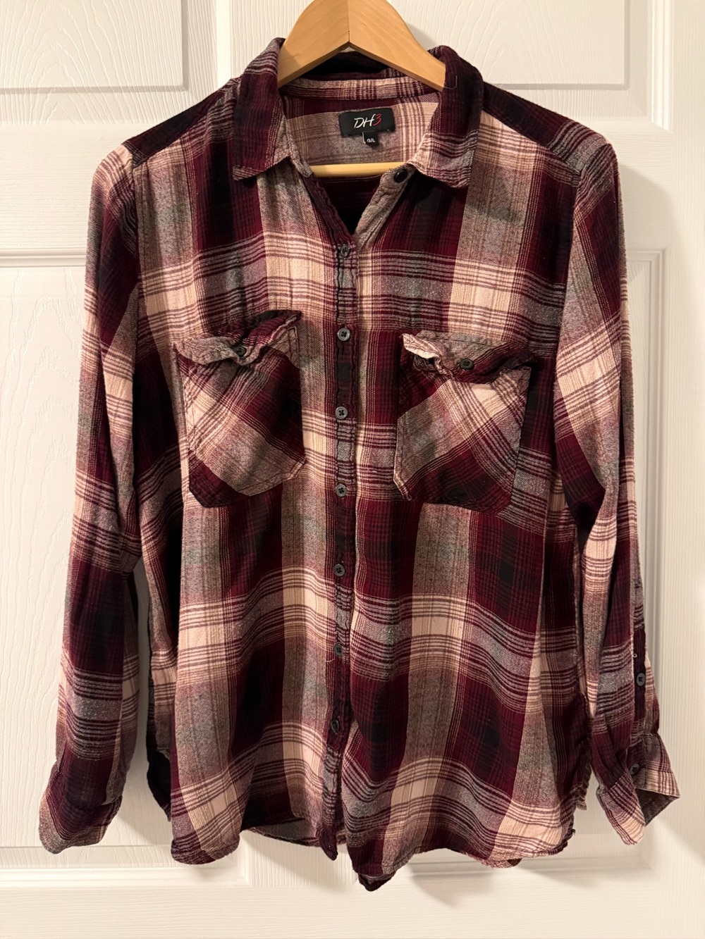 DH3 Denver Hayes Plaid Flannel Shirt Women’s Large Burgundy Gray Button Front